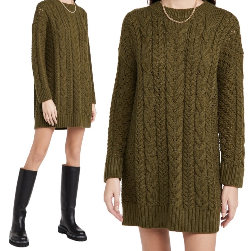 Alice and Olivia Lennie Wool Cable Knit Sweater Mini Dress Olive Green Size M